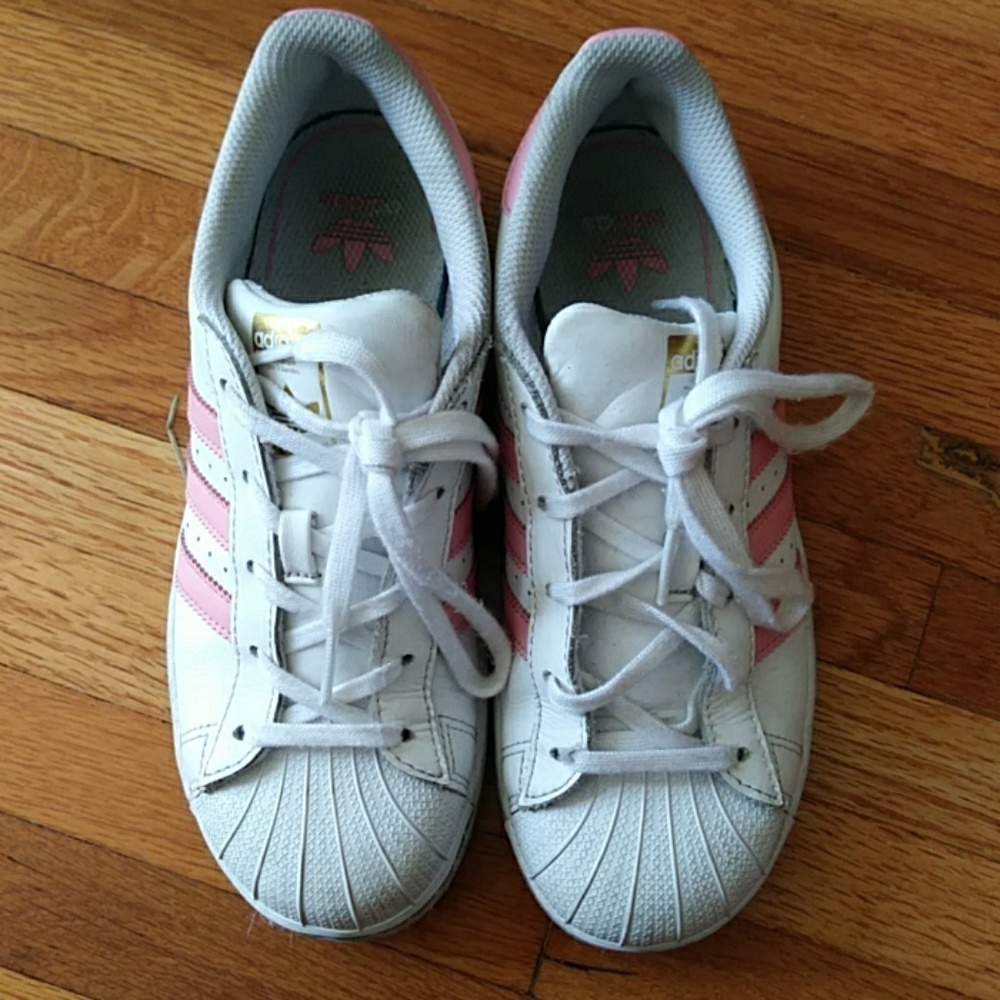 Adidas Girls White Pink Stripe Superstar Sneakers